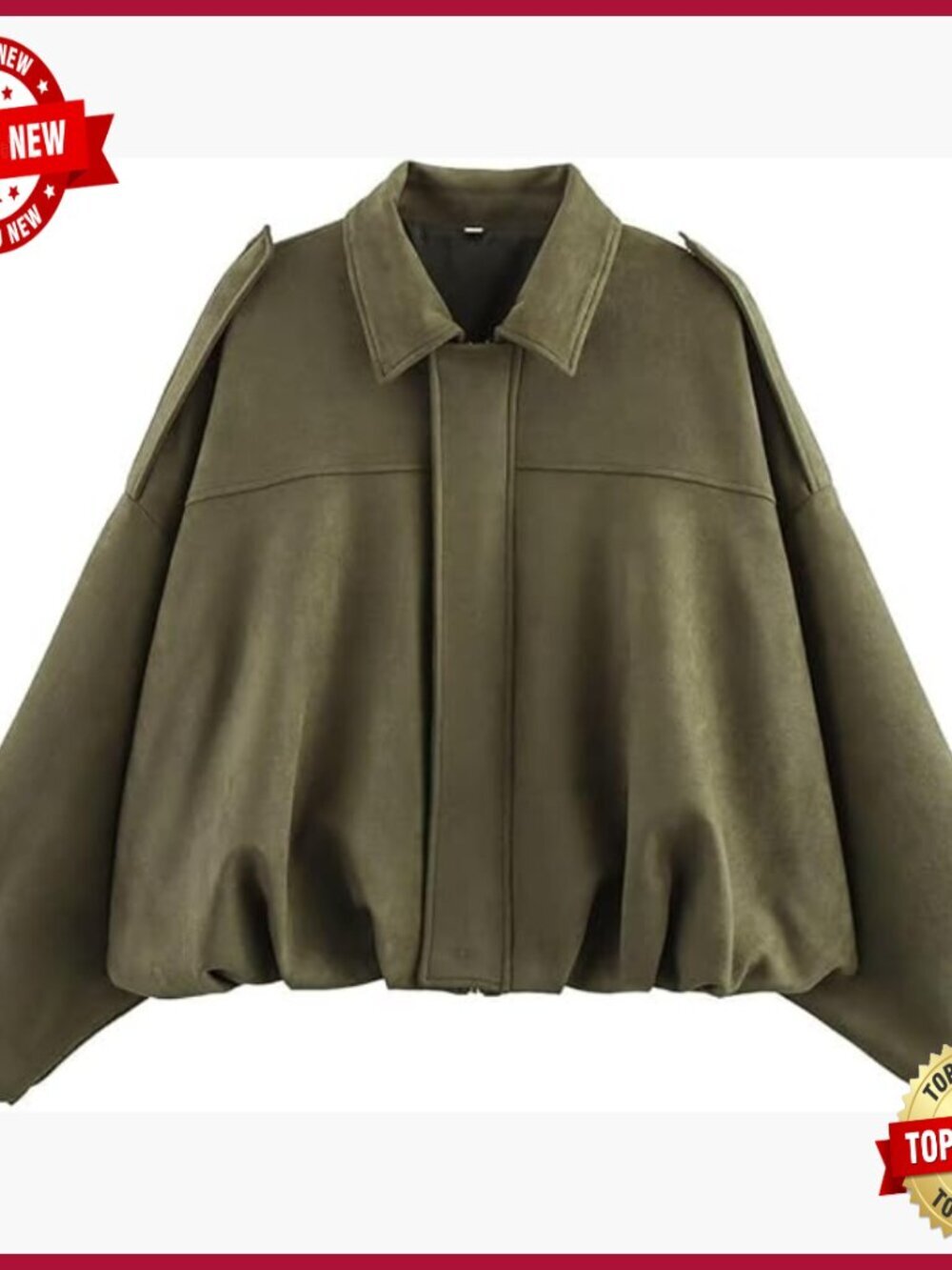 Oversized Faux Suede Bomber Jacket, Relaxed Fit, Long Sleeve, Zip Closure